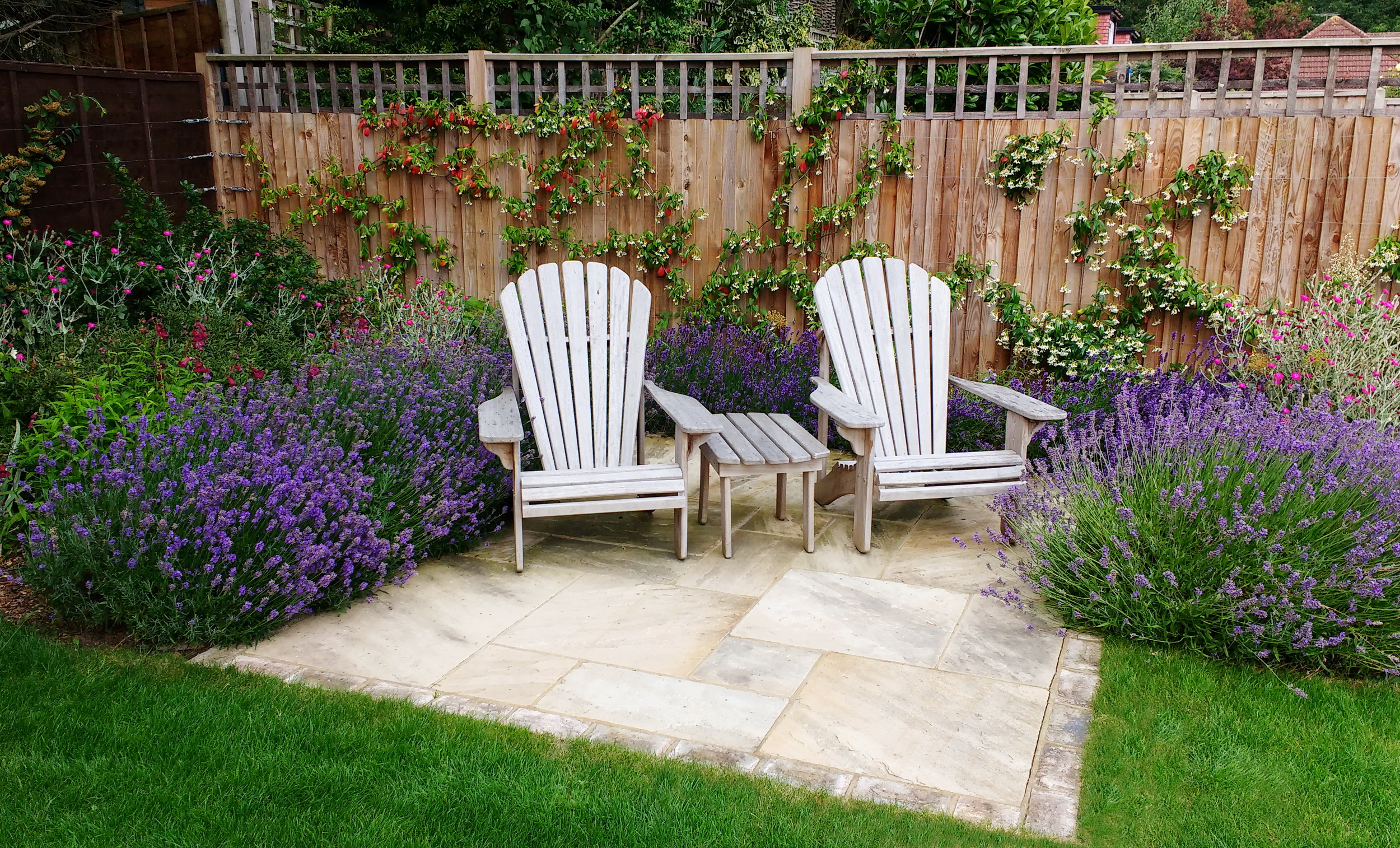 Seating and Lavender in a Medium garden design